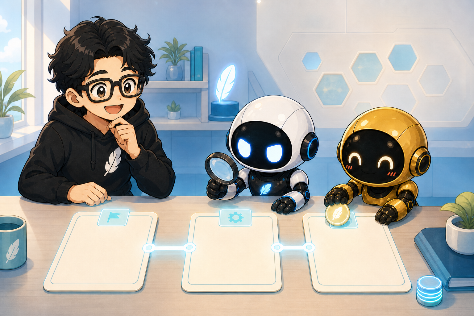 Kode arranging linked memory cards while Seichan and Kuro check them