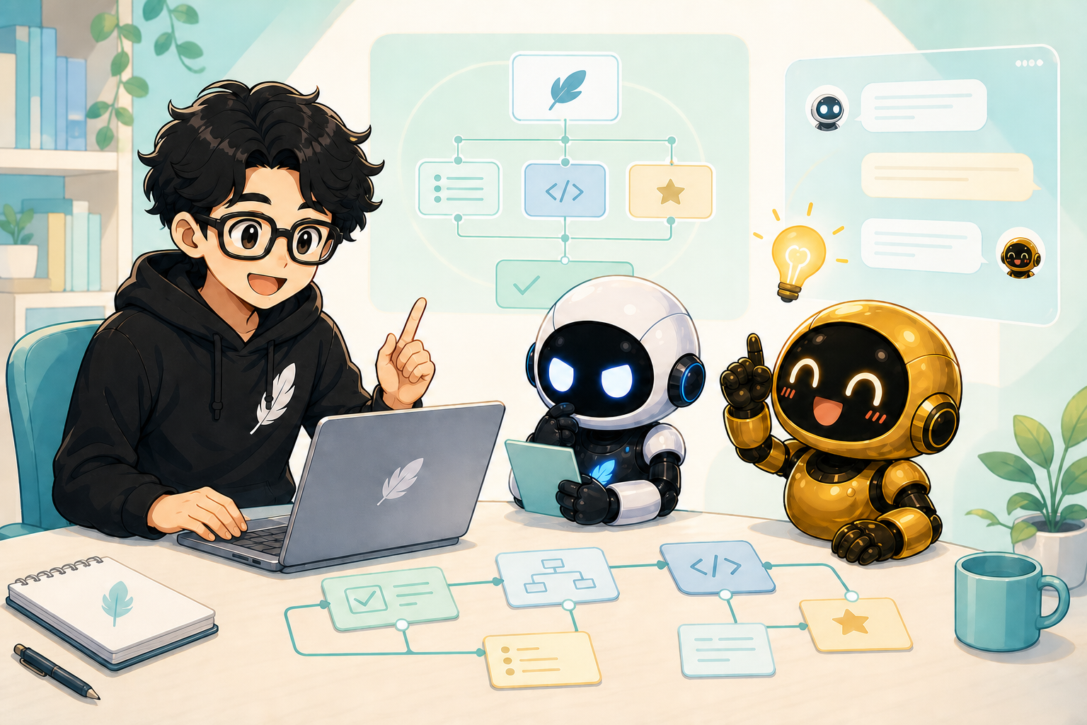 Seichan, Kode and Kuro gathered around the AI development desk